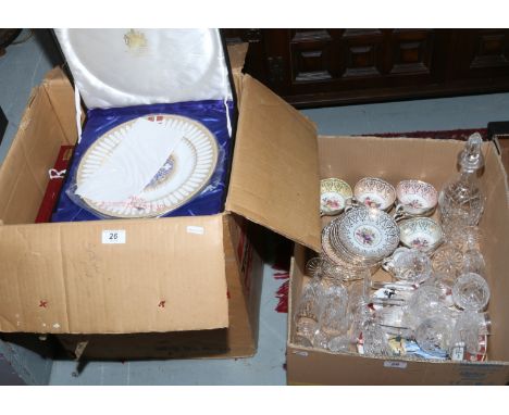 Two boxes of miscellaneous to include Paragon bone china teaset, cut glass decanter and drinking glasses, cased cabinet plate