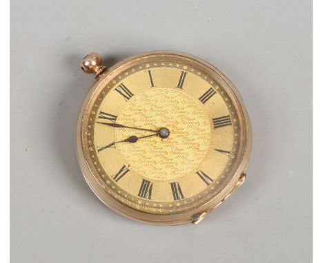 A 9ct gold cased fob watch with engine turned face and Roman numeral markers.