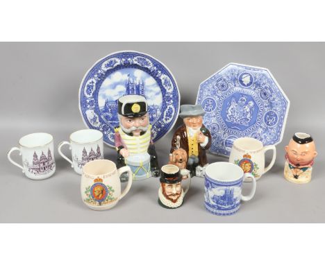 A group of ceramics to include Spode, commemorative ware, character jugs etc.