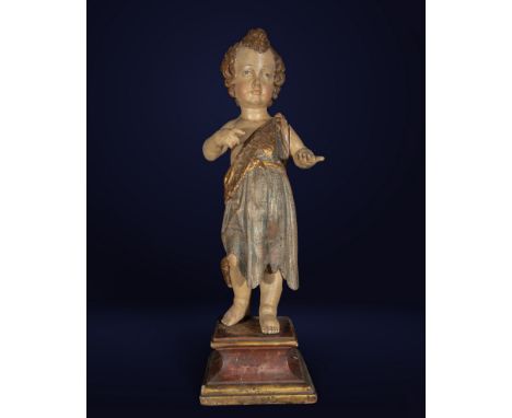 Carved and polychrome wood. Dimensions 68 × 26 × 22 cm. The late Baroque or Rococo sculpture from the 18th century shows the 