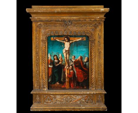 Oil on panel. Dimensions 77 × 57 cm. The scene of the Crucifixion takes place against a deep blue background, with a dying Ch