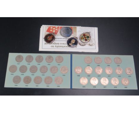 A Royal Mint Ten Pence Collection 1947-1980 and three enamel commemorative crowns 