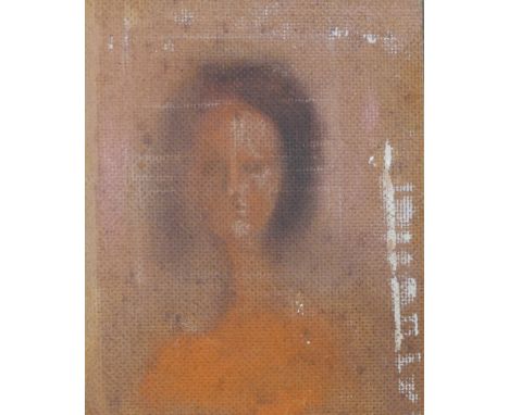 A 20th century portrait of a lady wearing orange dress with black hair, pastel on board, unsigned and framed, inscribed verso