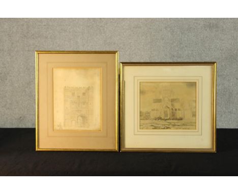 A late 19th century, two pencil Architectural drawings on paper, one of a castle tower, other of a church, both framed. H.40 