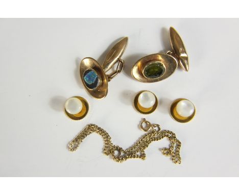 A pair of 9ct Rodd gold plated oval torpedo chain link cufflinks, one set with olive glass and one with an opal doublet along