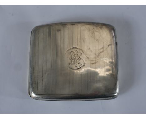 A George V hallmarked silver engine turned and initialled cigarette case, Birmingham 1912.H.1 W.10 D.8.5cm. 101g gross weight