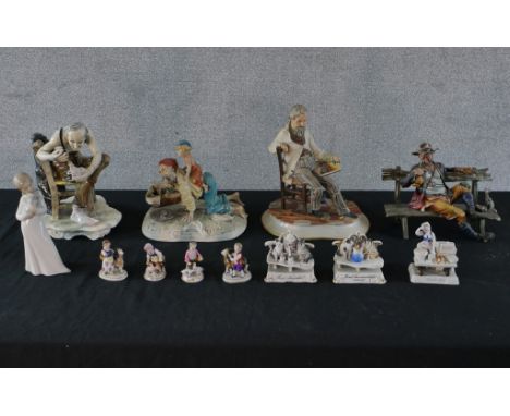 Twelve 19th century and later porcelain to include three Fairings, Capo di Monte style figures and a Nao figure of a girl hol