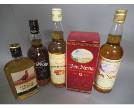 Five bottles of blended whisky comprising a boxed 12 year old Ben Nevis, a Ben Nevis Supreme Selection, Whyte & Mackay, Fines