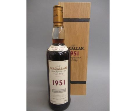 One bottle Macallan 1951 single Highland malt Scotch whisky, distilled December 1951, matured only in sherry wood, one of onl