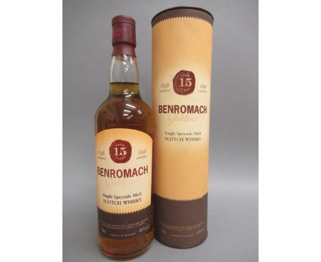 One bottle Benromach 15 year old single Speyside malt Scotch whisky, in tube (Est. plus 21% premium inc. VAT)Condition good