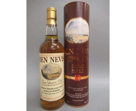 One bottle Ben Nevis 10 year old single Highland malt Scotch whisky, in tube (Est. plus 21% premium inc. VAT)Condition good