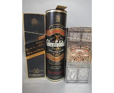 Three bottles of Scotch whisky, comprising a Glenfiddich pure malt in tube, a 12 year old Chevas Regal and a 12 year old John