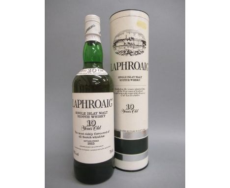 One bottle Laphroaig 10 year old single Islay malt Scotch whisky, pre-royal warrant, in tube (Est. plus 21% premium inc. VAT)