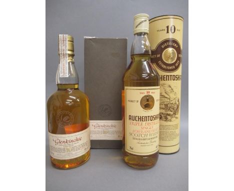 Two bottles of 10 year old single malt Scotch whisky, comprising Auchentoshan triple distilled whisky in tube and a Glenkinch