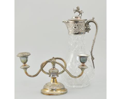 Lead crystal claret jug, silvered plated cast mounts, lion finial, height 32cm, a rectangular tray with engraved inscription,