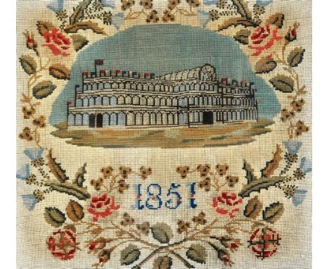 Victorian woolwork sampler, Crystal Palace 1851, 52cm x 46cm.