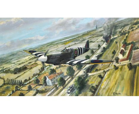 R. Purdie, Spitfire, oil on canvas, unframed, signed, 41cm x 72cm.