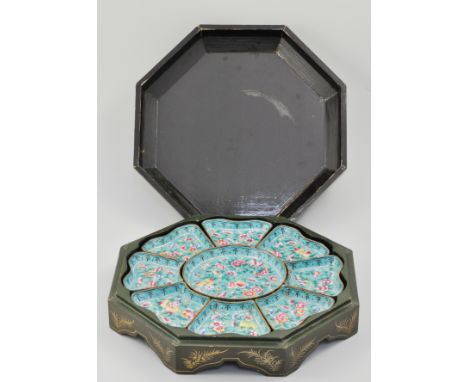 Chinese Canton style enamel dinner set, with a floral decoration on a turquoise ground, (cased).