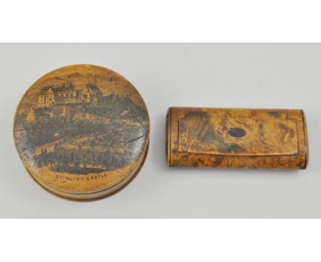 A Mauchline ware circular snuff box, transfer printed with Stirling Castle, together with a rectangular snuff (2).