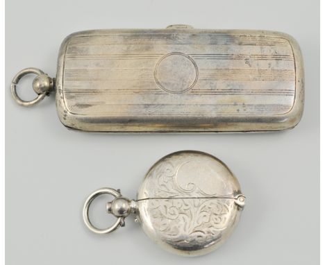 Hallmarked silver stamp case, Birmingham, and a circular engine turned case (2).