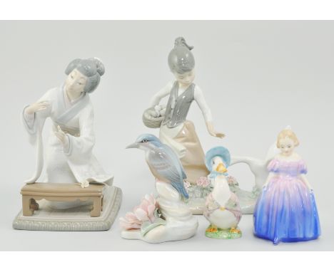 Royal Doulton figure, HN1370, Beswick Beatrix Potter Jemima Puddleduck and three Lladro figures (5).