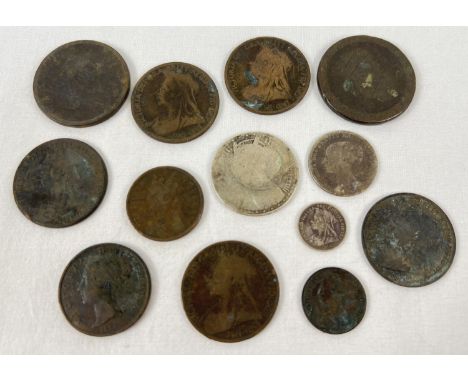 A small collection of Georgian and Victorian coins, in varying conditions. To include cartwheel pennies (worn), Victoria penn