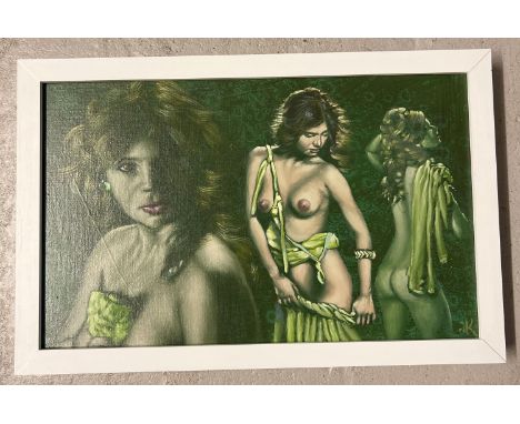 Krys Leach, local artist - nude oil on canvas board in white wooden frame, entitled "Catherine by Thirds". Signed to lower ri