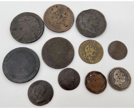 A collection of Georgian coins, in varying conditions. To include George IV 1834 silver shilling, George III 1775 half penny,