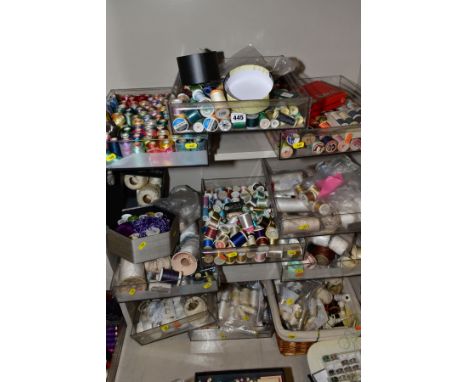 TEN SMALL BOXES AND LOOSE TUBS OF ASSORTED SEWING COTTONS, ETC, including vintage Sylko on wooden reels, reels of coloured me