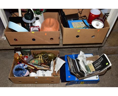 FOUR BOXES OF MISCELLANEOUS ITEMS, including a collection of watercolour and oil painting brushes, two models of yachts, a bo