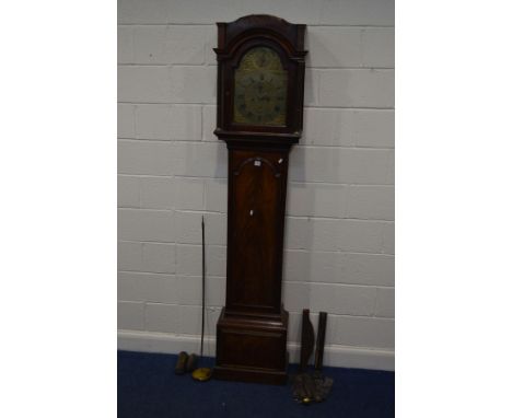 A GEORGIAN TWIN MAHOGANY LONGCASE CLOCK, the distressed hood with twin half column pillars with brass detail between the reed