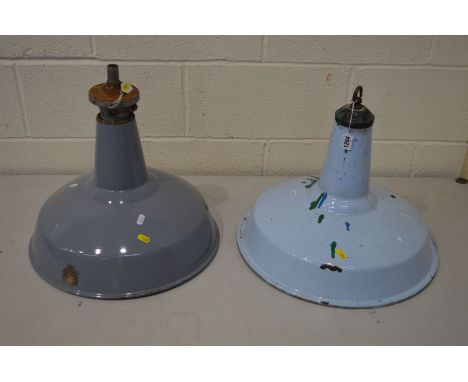 TWO SIMILAR ENAMEL CEILING SHADES, diameter 47cm