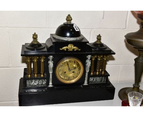 A LATE VICTORIAN BLACK PAINTED METAL MANTEL CLOCK OF ARCHITECTURAL FORM, gilt and silvered mounts, gilt dial with Arabic nume