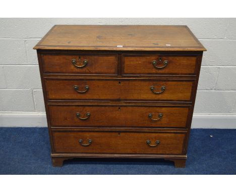 A GEORGIAN OAK AND MAHOGANY CROSSBANDED CHEST OF TWO SHORT OVER THREE LONG DRAWERS, brassed dropped handles, reeded banding a