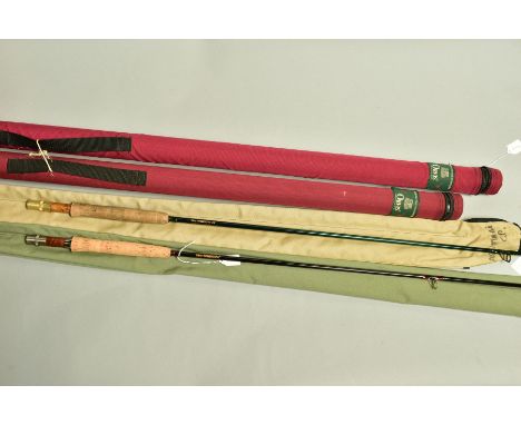 TWO ORVIS TRIDENT FLY FISHING RODS, comprising a two piece 9' 3 1/4oz, line #5 rod, in a cloth bag and labelled Orvis hard ca