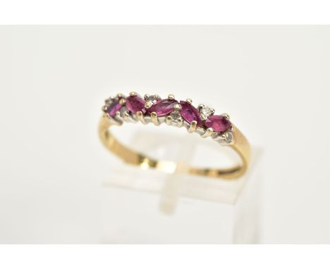 A 9CT GOLD RUBY AND DIAMOND HALF HOOP RING, designed with five marquise cut rubies, interspaced with single cut diamonds, hal