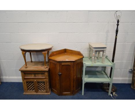 AN EARLY 20TH CENTURY OAK PANELLED SINGLE DOOR CORNER UNIT, together with a pine single drawer cabinet, painted corner cupboa