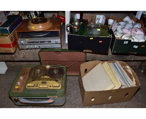 FIVE BOXES AND LOOSE CERAMICS, GLASS, RECORDS AND SUNDRY ITEMS, to include Baird reel to reel, Fidelity record player, boxed 