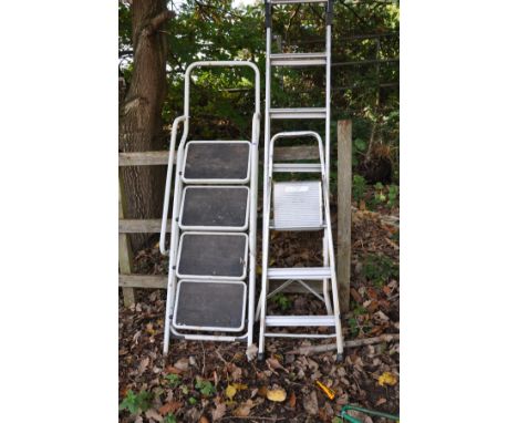 TWO ALUMINIUM STEP LADDERS and a painted steel step ladder the longest being 196cm in length (3)