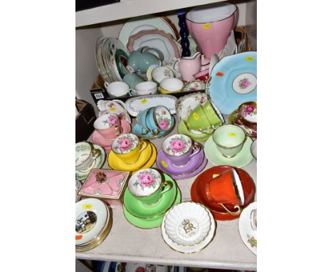 A BOX AND LOOSE ADDERLEY TEA WARES, DINNER PLATES, etc including harlequin trios, a trinket box, and cover, a.f, London Cries
