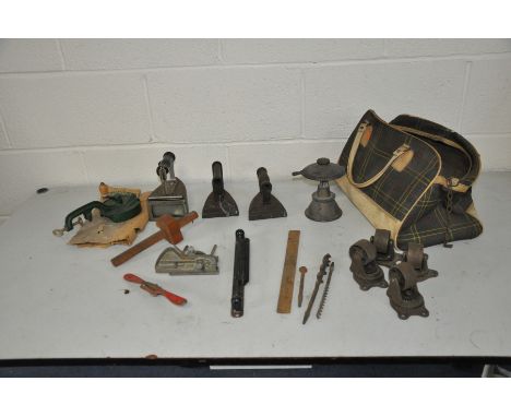 A COLLECTION OF VINTAGE TOOLS, IRONS, CASTERS ETC, including a Record No 043 gauge, a Spongs Bean Slicer etc.