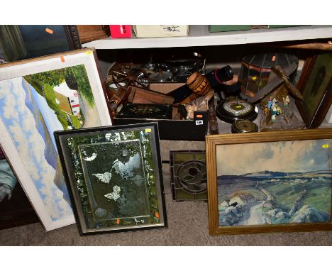 TWO BOXES OF TREEN, METALWARES AND LOOSE PICTURES AND PRINTS, TERRARIUM, etc, including a nativity scene, reproduction barome