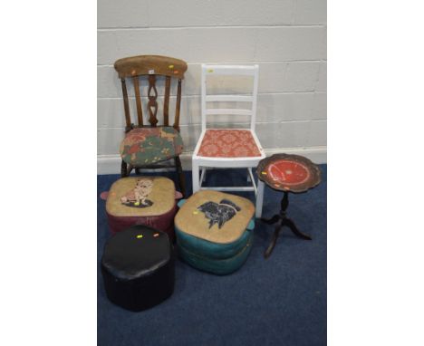 TWO LEATHERETTE POUFFES depicting animals together with another black pouffe, a wine table, beech Windsor chair and a white p