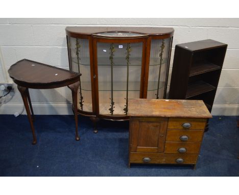 A 1950'S WALNUT SINGLE DOOR DISPLAY CABINET, with floral decoration and two fixed glass shelves (key) together with a Victori