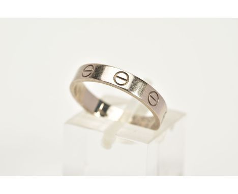 AN 18CT WHITE GOLD CARTIER LOVE RING, signed 'Cartier 53, EZK082 AU750', engraved 'Forever x', Swedish hallmark, ring size M,