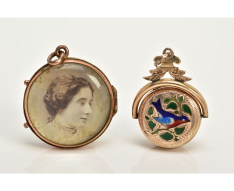 TWO YELLOW METAL LOCKETS, to include a circular double sided glass panel locket with photo, fitted to a suspension loop, toge