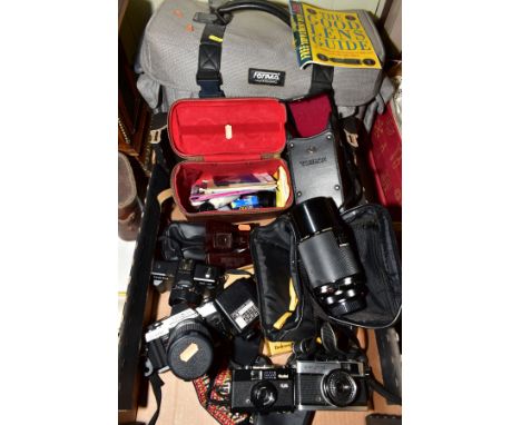 A BOX OF CAMERAS AND PHOTOGRAPHIC EQUIPMENT AND A FOTIMA CAMERA BAG, including a Minolta X-380 with lens, an Olympus Trip 35,