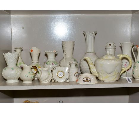 A COLLECTION OF FIFTEEN PIECES OF BELLEEK AND OTHER MODERN IRISH PORCELAIN, including Donegal china, shamrock, shell, floral 