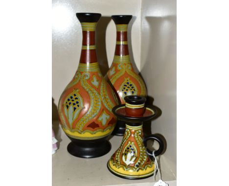 GOUDA POTTERY IN THE PLATO PATTERN to include a pair of baluster vases, approximate height 28cm, together with a chamber stic