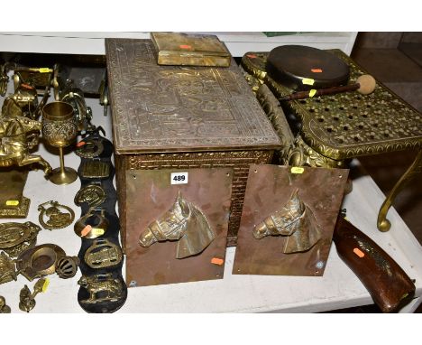 A COLLECTION OF BRASSWARE, including an embossed brass coal box, brass footman, horse brasses, brass figure of a shire horse 